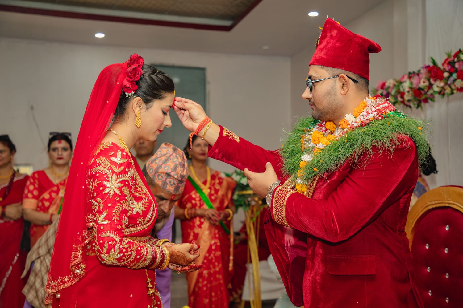 Wedding couple during Saptapadi fire ritual Nepal